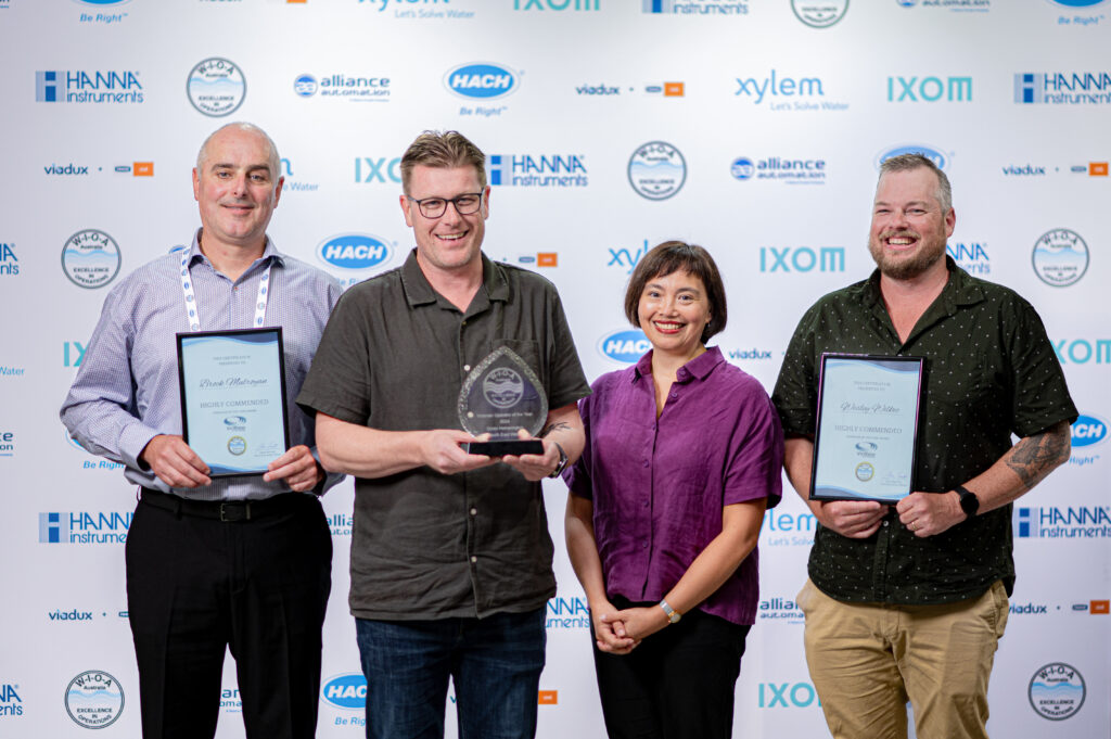 L-R: Brock Mulroyan (Barwon Water) - Highly Commended, Dylan Hetherington (North East Water) - Operator of the Year 2024, Jo Lim (CEO - VicWater), Wes Wilkie (Goulburn Valley Water) - Highly Commended. L-R: Brock Mulroyan (Barwon Water) - Highly Commended, Dylan Hetherington (North East Water) - Operator of the Year 2024, Jo Lim (CEO - VicWater), Wes Wilkie (Goulburn Valley Water) - Highly Commended.